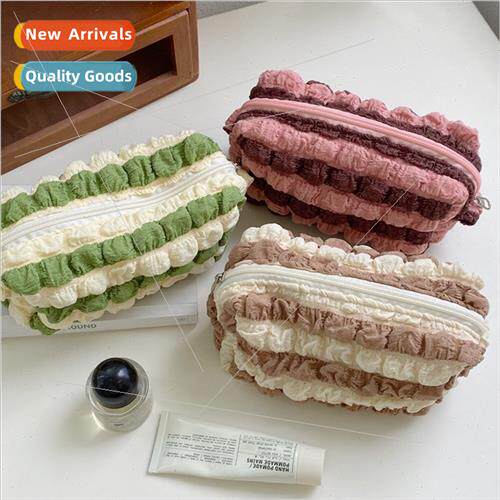 Cute cream color cosmetic bag ins wind girl pleated colorful