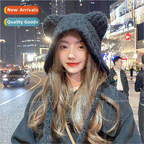 Tie rope a long band cute bear wool cap female winter show f