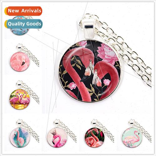 Time Gemstone Cute Cartoon Animal Flamingo Glass Pendant Nec