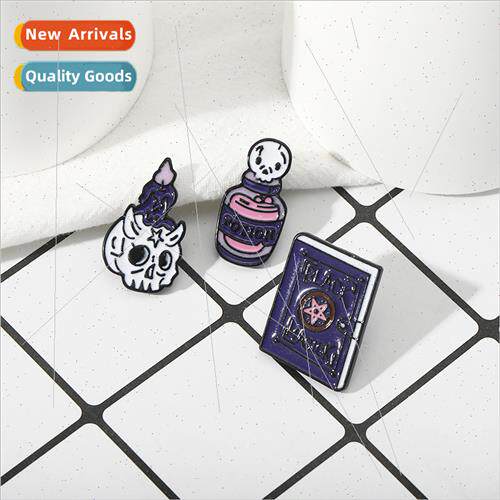 Spooky skull metal brooch Halloween magic book alloy oil dro