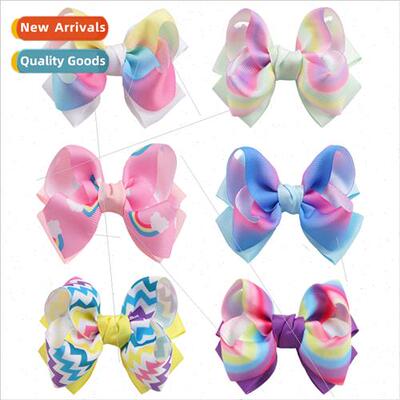 Double Layers Kids Bow Hair Clips 4inch Rainbow Gradient Col