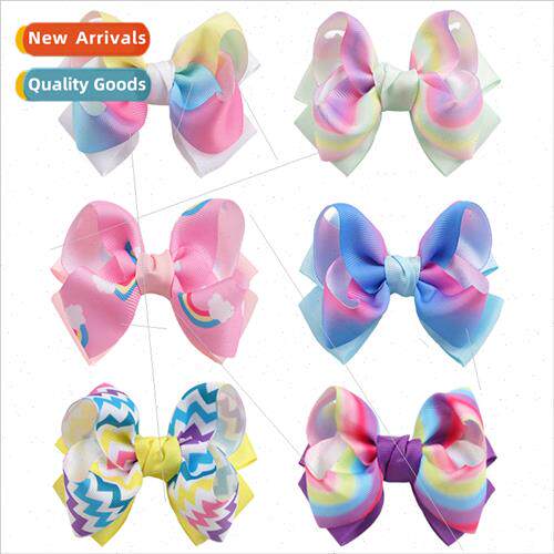 Double Layers Kids Bow Hair Clips 4inch Rainbow Gradient Col