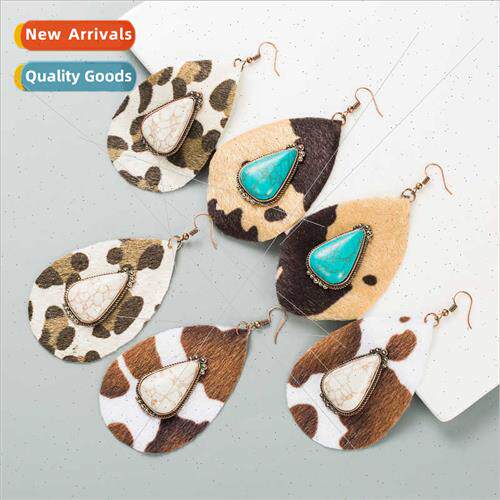 New drop shape leather leopard earrings 适用women natural tu