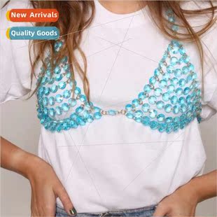 120139 Sexy Acrylic Splicing Colorful Hanging Neck Wrap Top