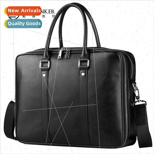 Men leather handbag double zipper cowhide fashion bag busine
