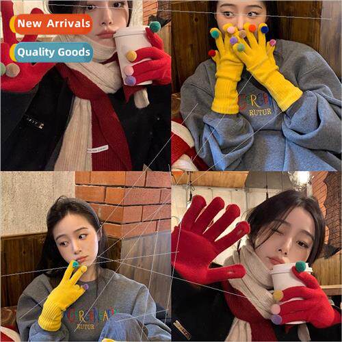 Touch screen colorful plush ball gloves female winter warm c