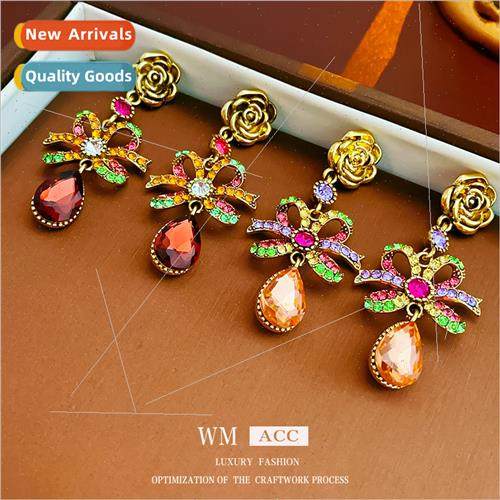 Flowers lver Needles wh Diamonds Bow Earrings Retro Long Jew