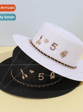 Spring Summer rhinestone  labeled straw hat female fashion c