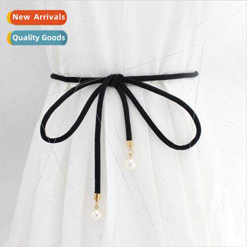 Korea women pearl velvet knot thin belt dress decoration sim