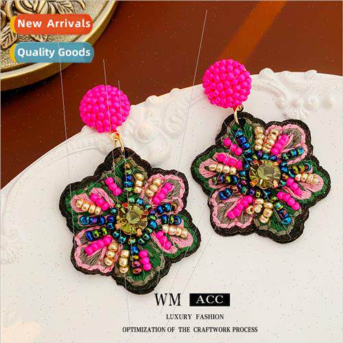 Earrings lver Needle Colorful Rice Beads Flower Braided Rope