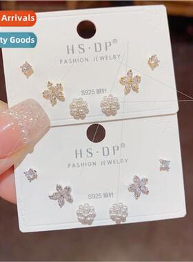 s925 silver needle sweet zirconia pearl flower combination e