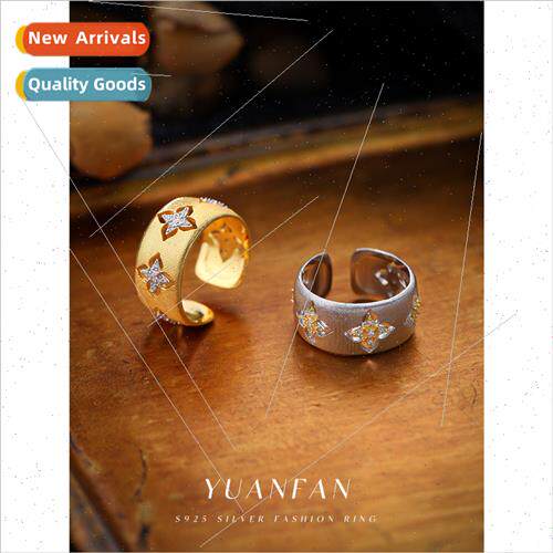 925 silver Italian Vintage Brushed Ring Women Clover Zirconi