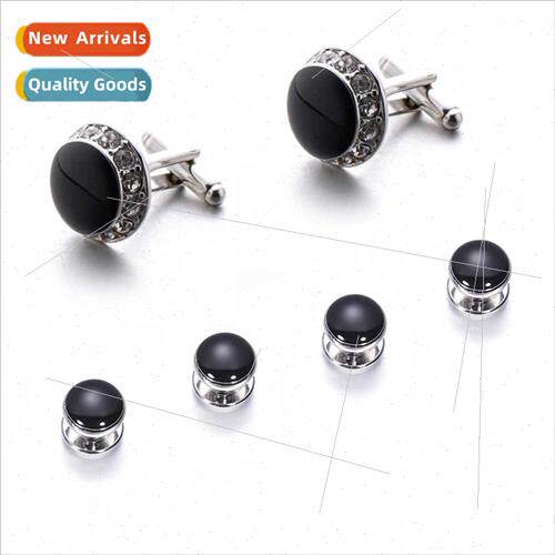 Tuxedo lapel studs Black enamel cufflinks Fine diamond encru
