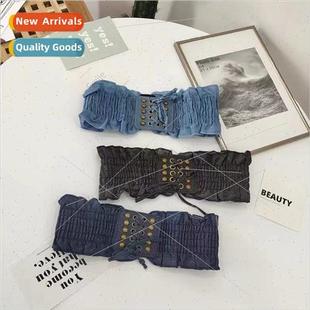 wide straps waistband elastic bod Women lacing denim