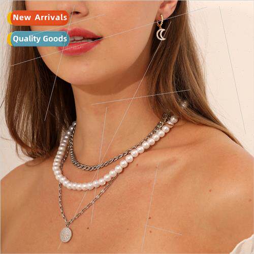 New steel color retro sun coin necklace pearl chain tanium s