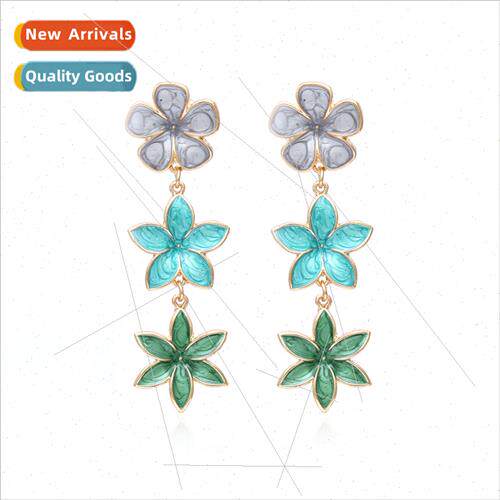 New long oil drop flower earrings fashion colorful metal ear