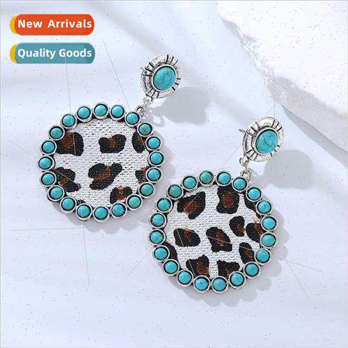 new earrings creative inlaid turquoise leopard leather dangl