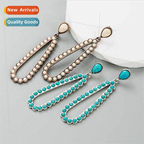 New retro water drop hollow earrings female alloy inlaid tur