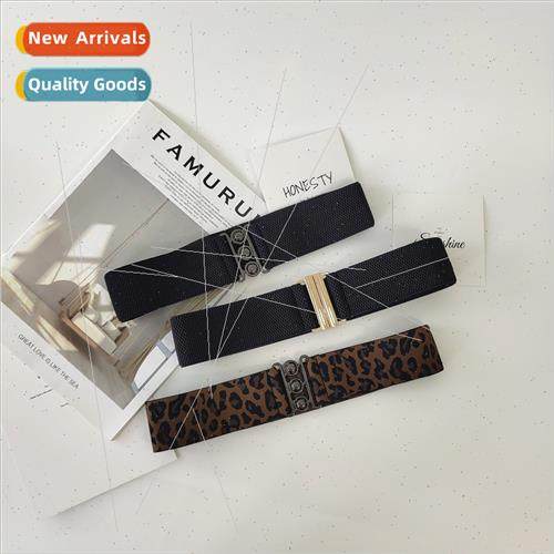 Wide belt female square black leopard print buckle elastic e