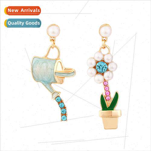 Korean rustic cute colored diamond pearl kettle flower earri