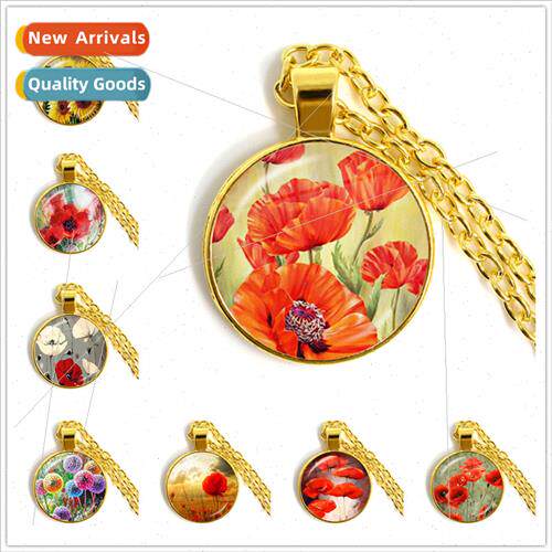 Fashion Poppy Flower Pattern Glass Time Gemstone Gold Pendan