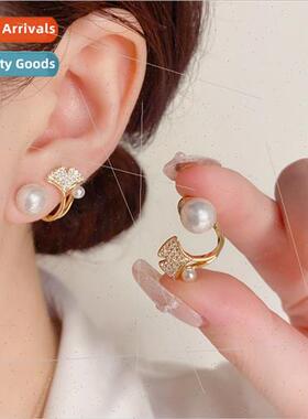 s925 silver needle pearl two wear back hanging ginkgo biloba