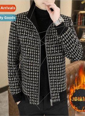 Autumn winter tweed coat men Korean Slim plaid cotton thicke