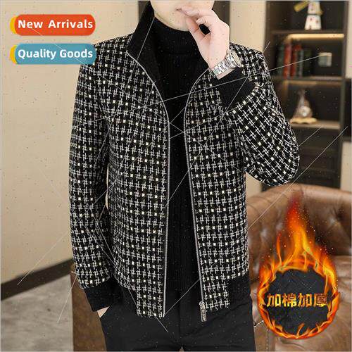 Autumn winter tweed coat men Korean Slim plaid cotton thicke
