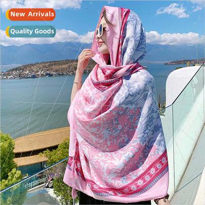 Pink floral Yunnan travel photo sunscreen silk scarf female
