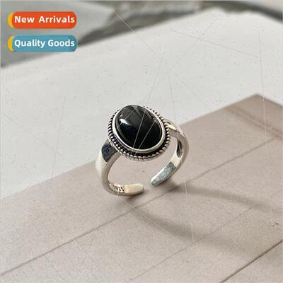 S925 silver black onyx ring female Thai silver retro opening