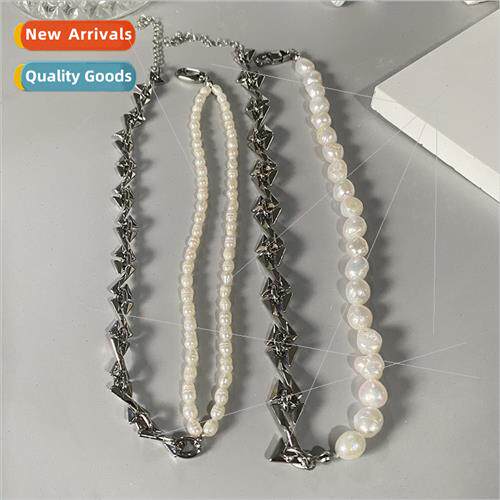 Korea triangle metal chain splicing pearl necklace hip hop i