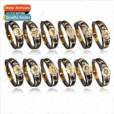 retro 12 constellations cowhide bracelet hand-woven twelve c