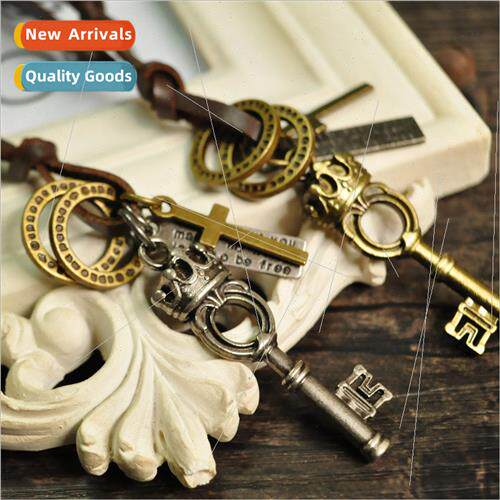 Crown Key Metal Pendant Unisex Microfiber Leather Necklace K