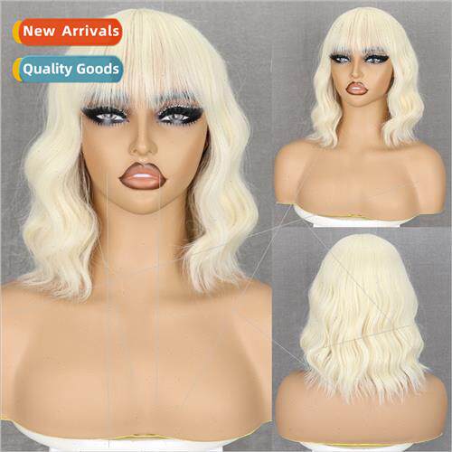 Europe wig women light blonde bangs water wave shoulder leng