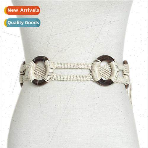 New Vintage Floral Handmade Waxed Rope Wooden Circle Braided