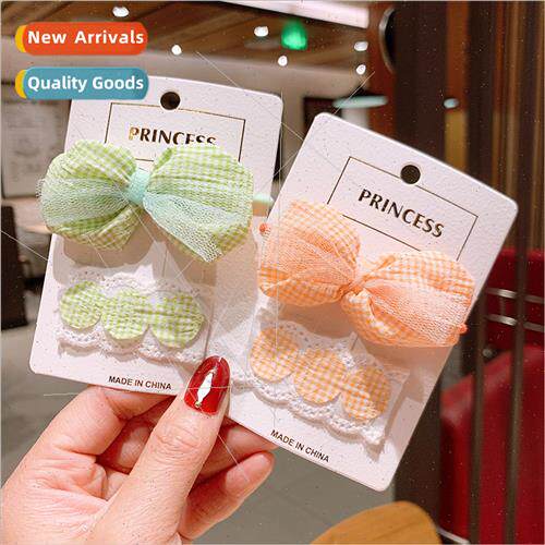 Gauze bow hair clips girls leather bbangs clip card princess