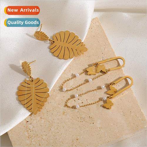 Europe new stainless steel earrings geometric falling leaves