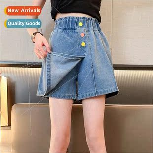 2023 summer girls new color buckle denim skirt pants middle