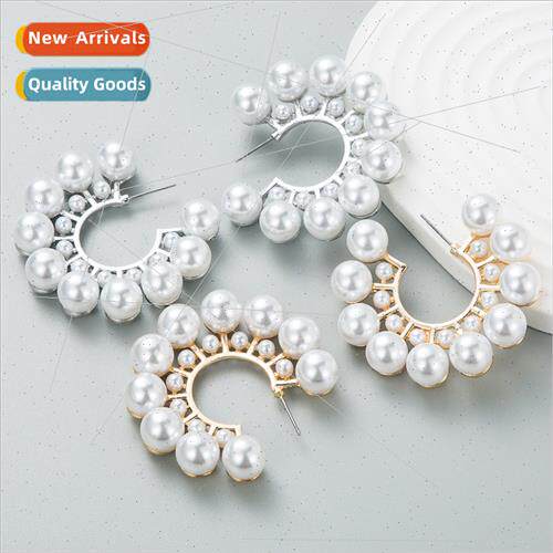 Europe geometric semi-circular alloy inlaid pearl earrings