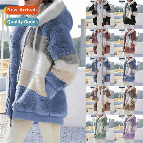 2023 Autumn Winter Warm Plush Patchwork Zipper Pocket Hooded