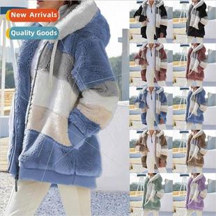 Warm Plush Patchwork 2023 Pocket Winter Zipper Hooded Autumn