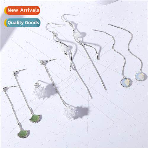 Korea s925 silver zirconium long tassel earrings female geom