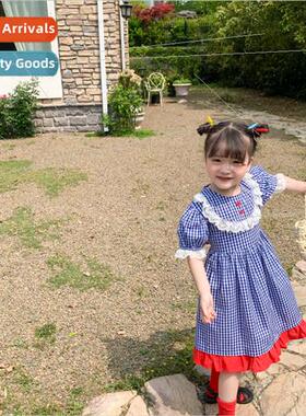 Girls plaid dress 2022 summer new Korean  of lace lace baby