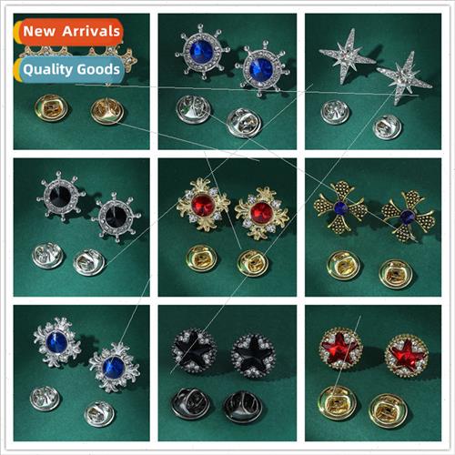 Fashion men collar diamond rudder lapel pin gold pentagram n