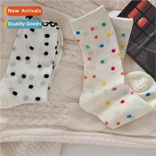 Matching hole slippers polka dot socks womens mid-calf mesh