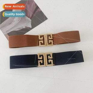 female belt retro elastic Golden wide buckle