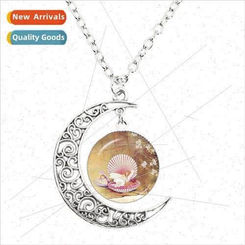 Fairytale Oil Painting Girl Frog Moon Necklace Dome Glass Fa