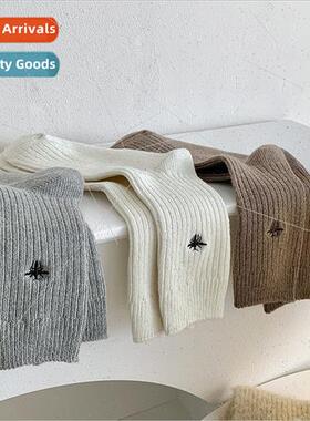 Embroidery bee wool socks Korean ins solid color vertical st
