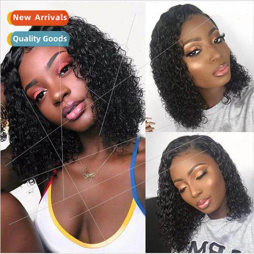 Europe new wig front lace black center parted short curly ha