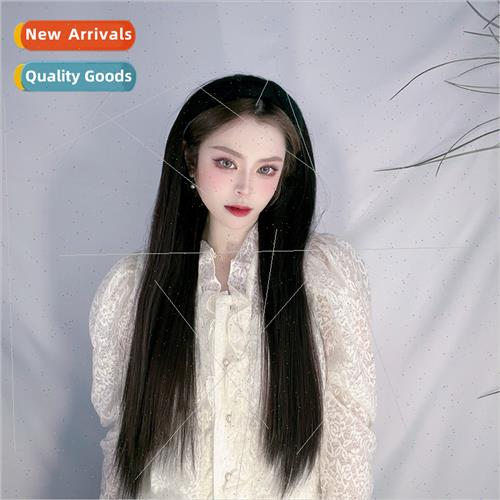 Wig female lazy hair band one-piece black long straight half